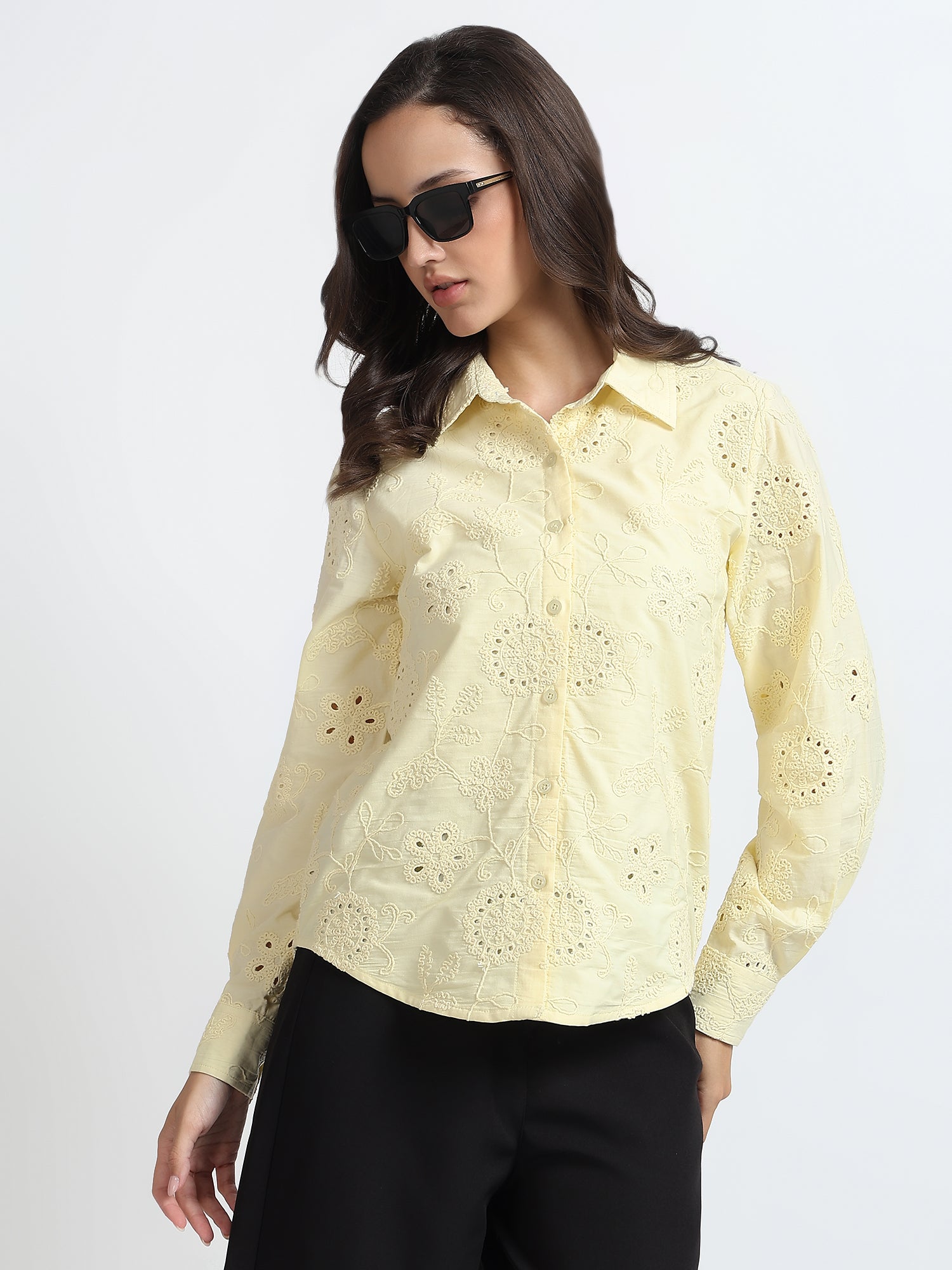 Women Light Yellow Floral Embroidered Full Sleeve Shirt