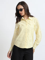 Women Light Yellow Floral Embroidered Full Sleeve Shirt
