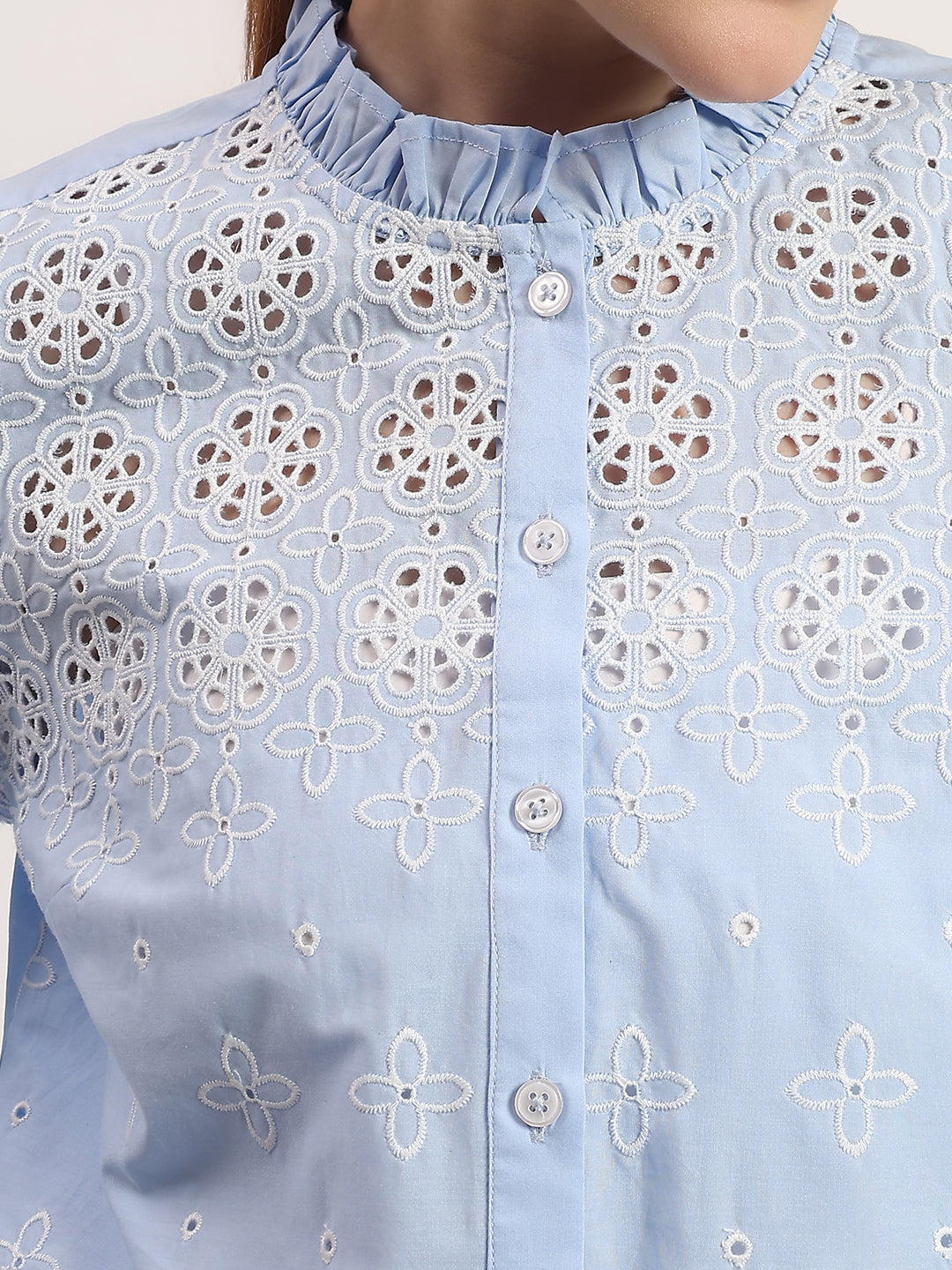 Sky Blue Embroidered Frill Neck Button-Down Elegant Full Sleeve Shirt