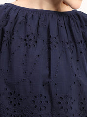 Navy Blue Eyelet Embroidered 100% Cotton Top