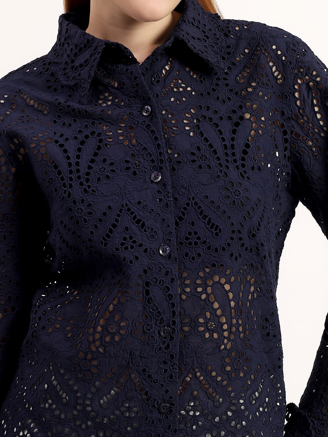 Navy Blue Elegant Eyelet Embroidered Full Bell Sleeve Scalloped Shirt