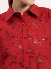 Red Floral 3D Embroidery Elegant Button-Down Full Sleeve Shirt