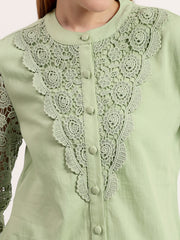 Green Embroidery Panel Elegant Button-Down Full Sleeve Shirt