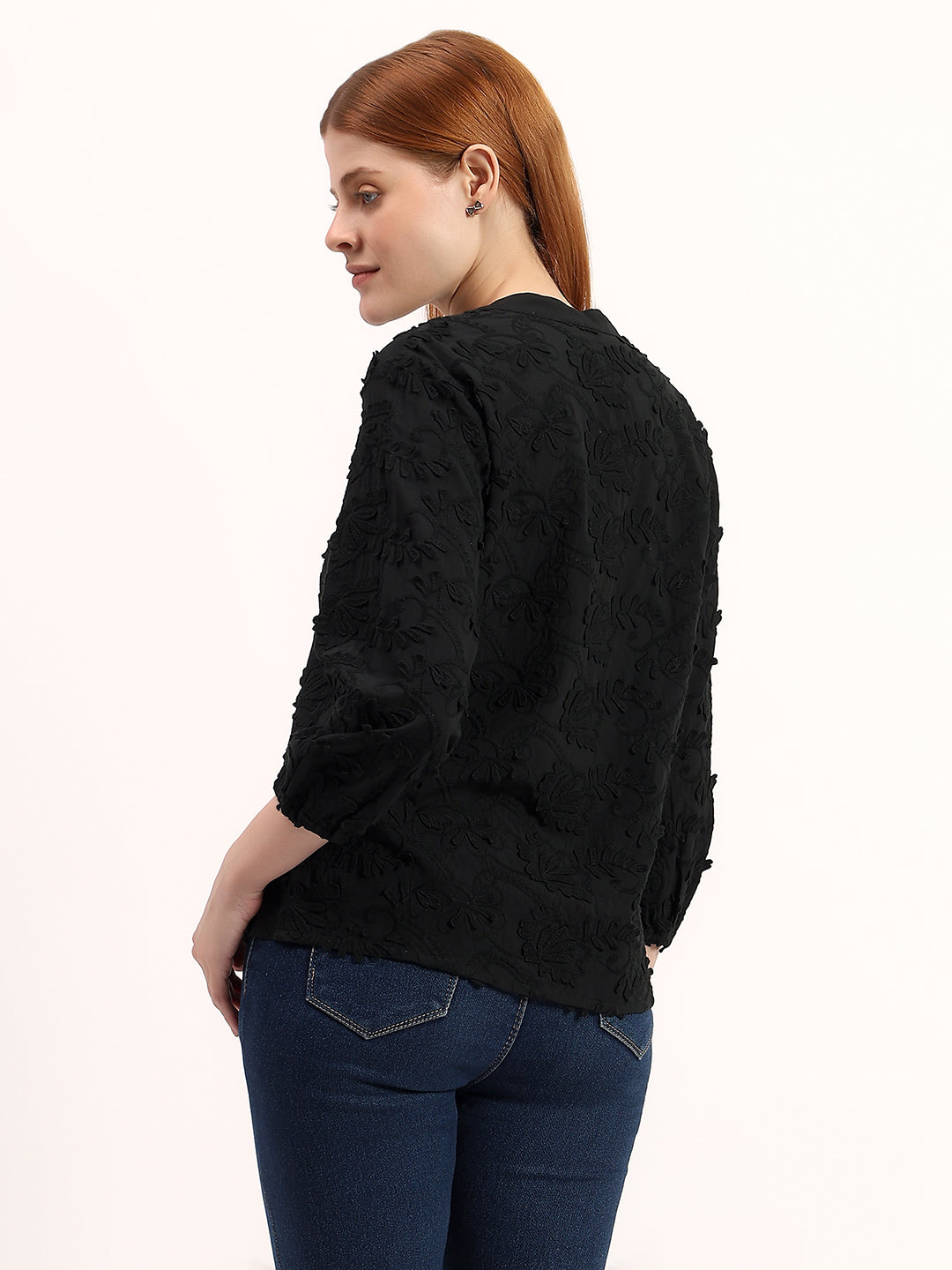 Black 3D Embroidered V-Neck Elegant Textured 3/4 Sleeve Stylish Top