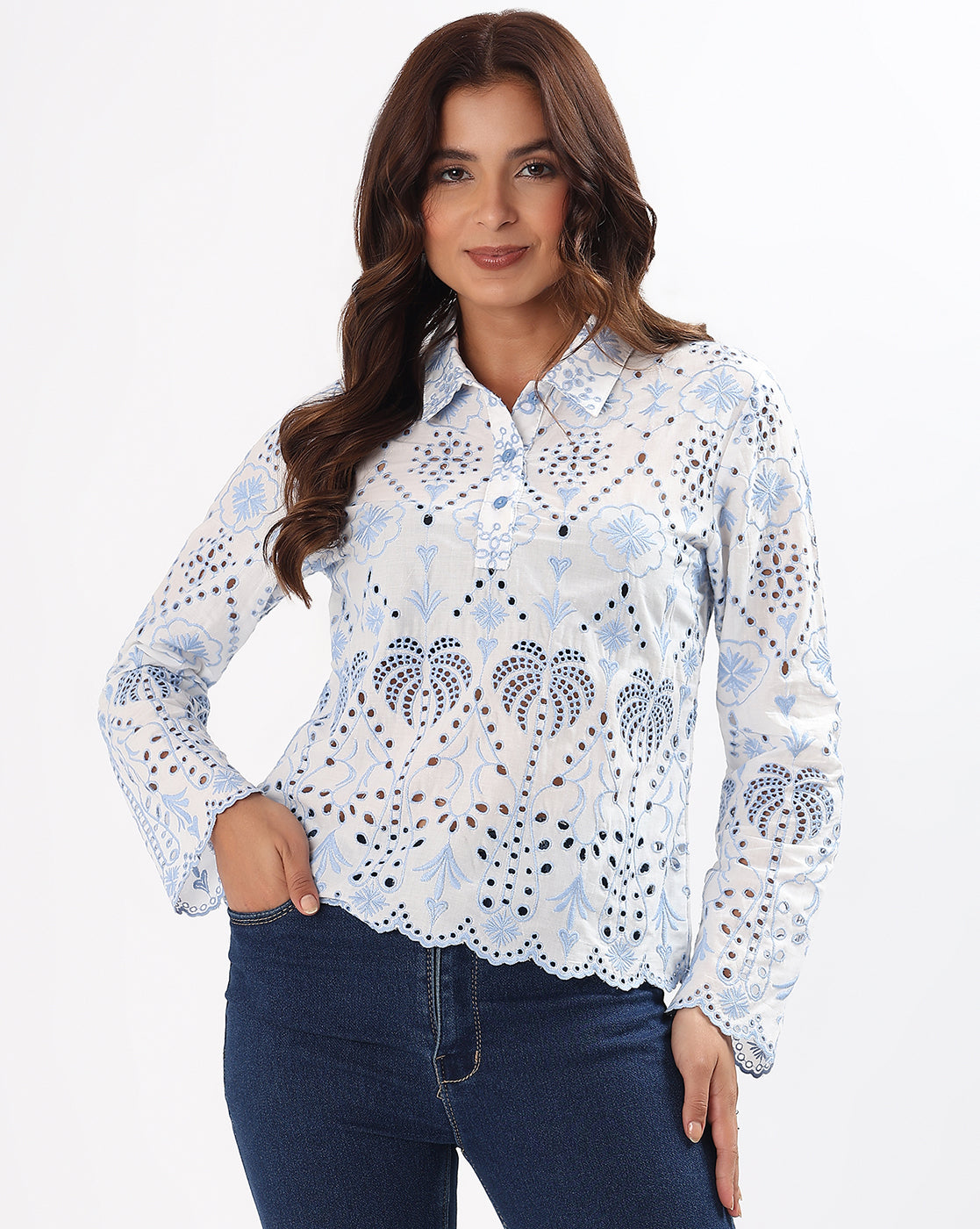 White & Blue Schiffli Embroidered Cotton Top