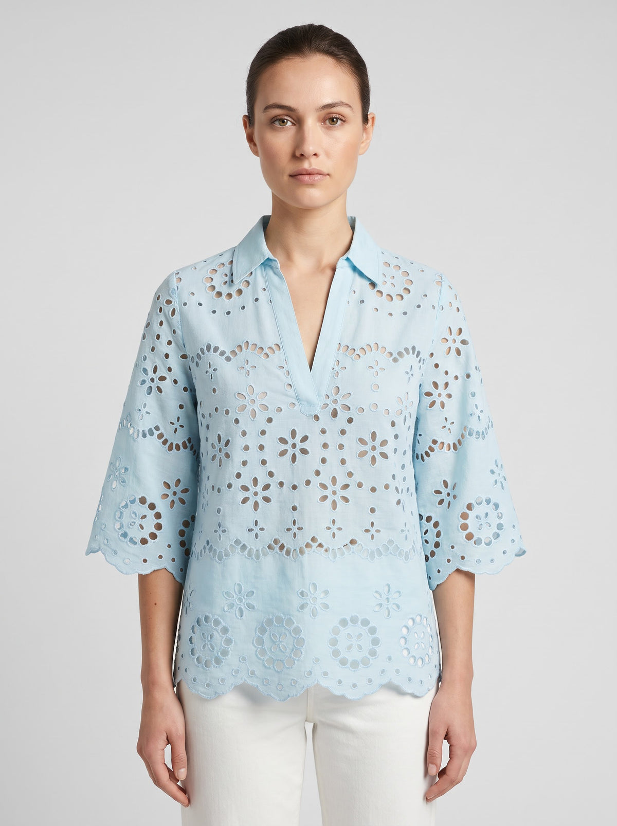 Women's Sky Blue Schiffli Embroidered Cotton Top