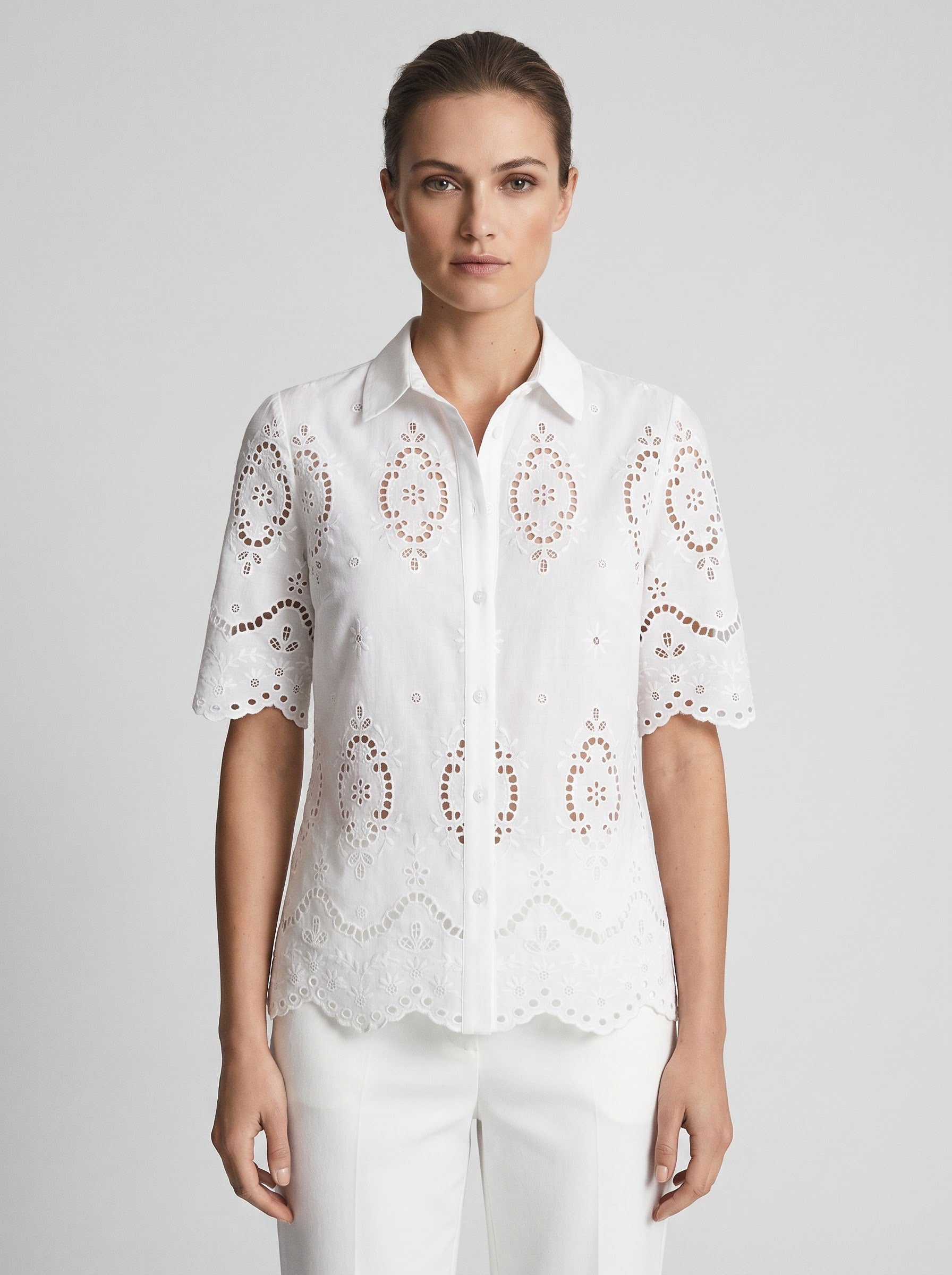Women White Schiffli Embroidered Cotton Shirt with Scalloped
