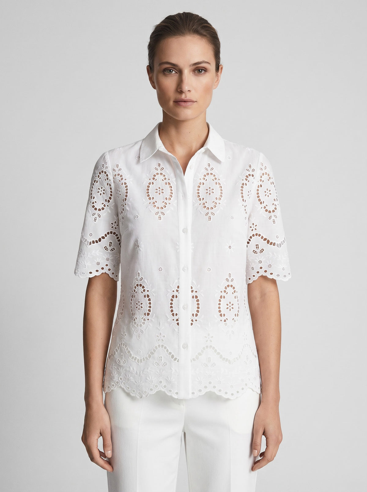 Women White Schiffli Embroidered Cotton Shirt with Scalloped