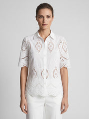 Women White Schiffli Embroidered Cotton Shirt with Scalloped