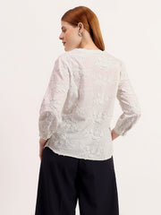 White Floral 3D Embroidered Elegant 3/4 Sleeve Top
