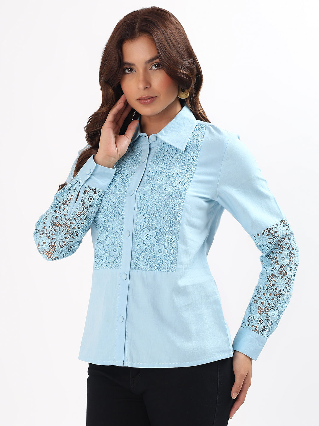 Baby Blue Lace Yoke Embroidered Cotton Silk Shirt