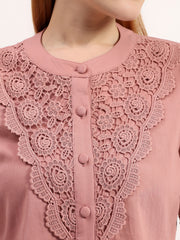 Dusty Pink Lace Yoke Elegant Button-Down Embroidered Full Sleeve Shirt