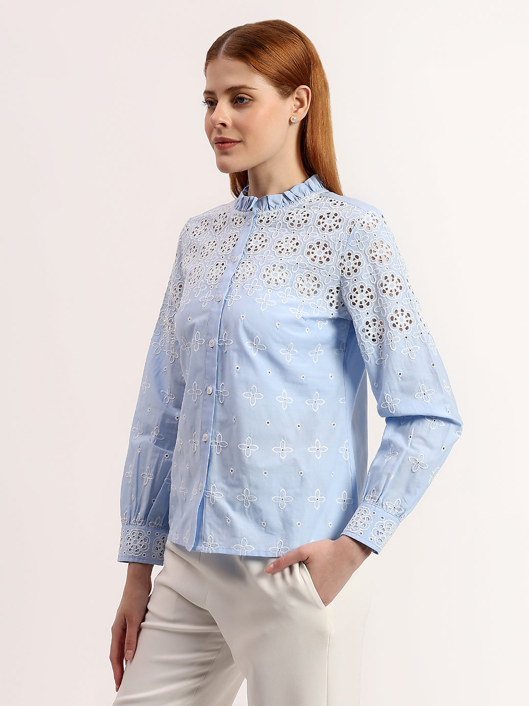 Sky Blue Embroidered Frill Neck Button-Down Elegant Full Sleeve Shirt