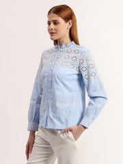 Sky Blue Embroidered Frill Neck Button-Down Elegant Full Sleeve Shirt