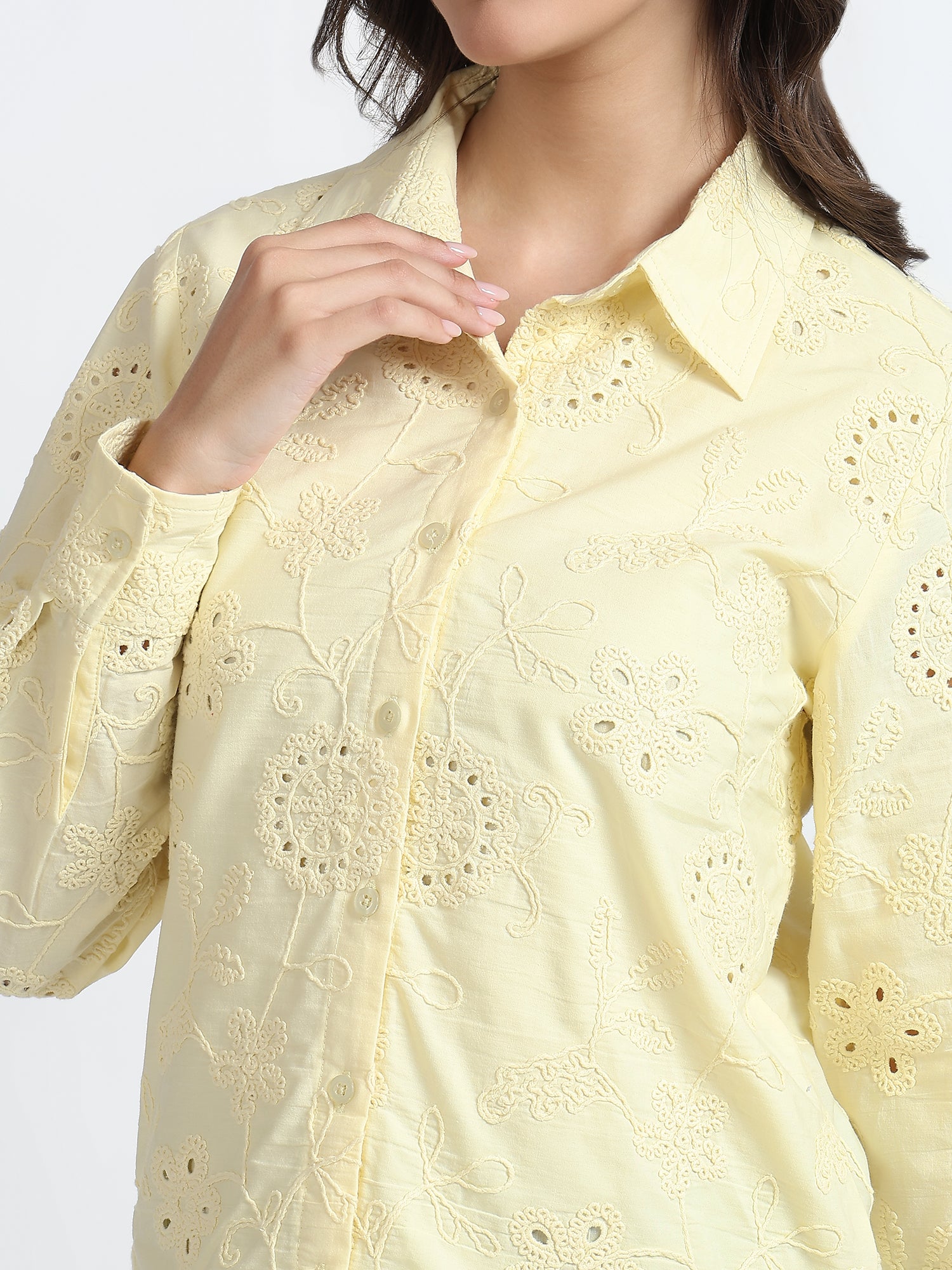 Women Light Yellow Floral Embroidered Full Sleeve Shirt