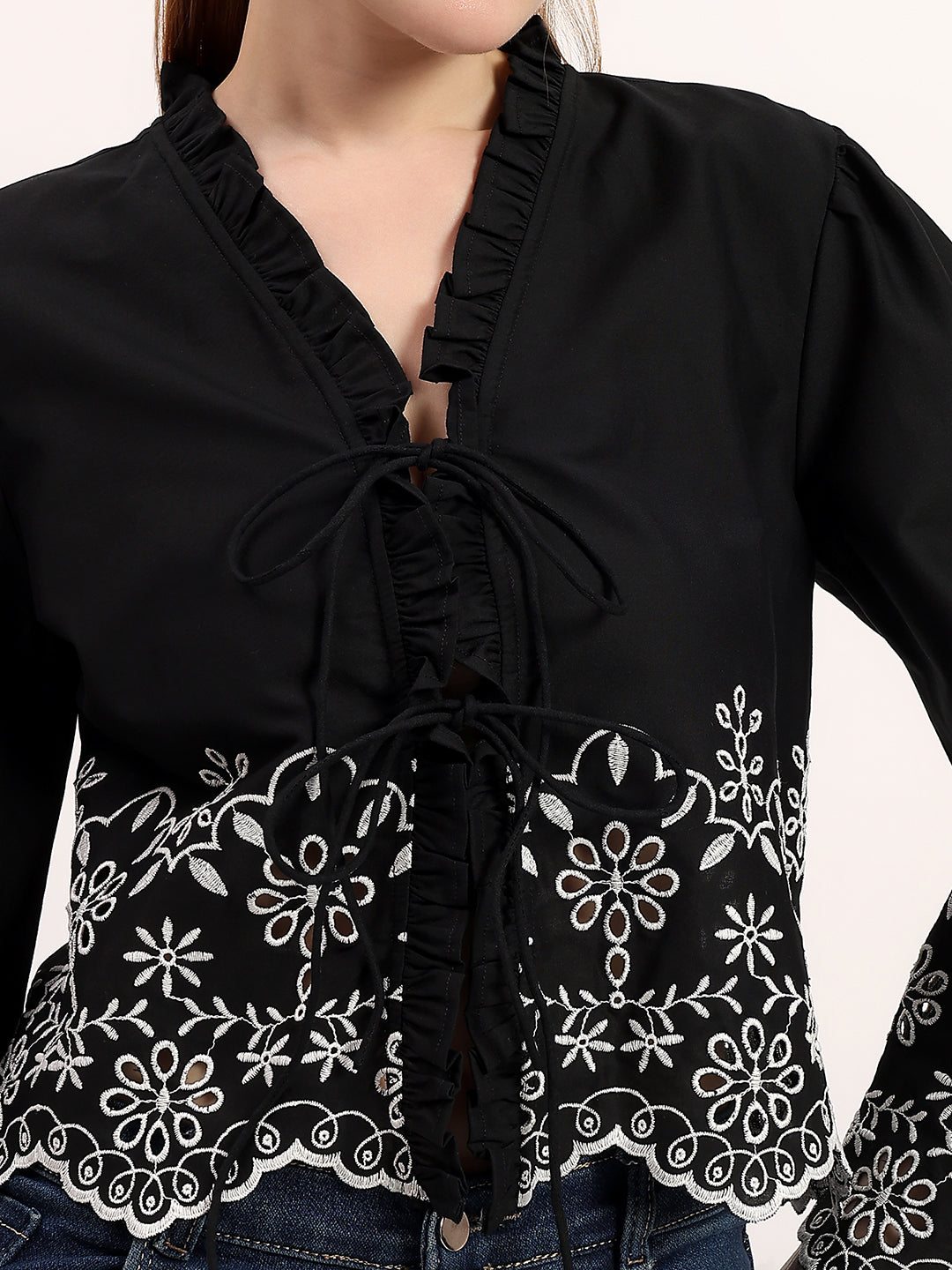 Black Embroidered Tie-Up Stylish Ruffle Neck Bell Sleeve Crop Top