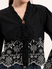 Black Embroidered Tie-Up Stylish Ruffle Neck Bell Sleeve Crop Top