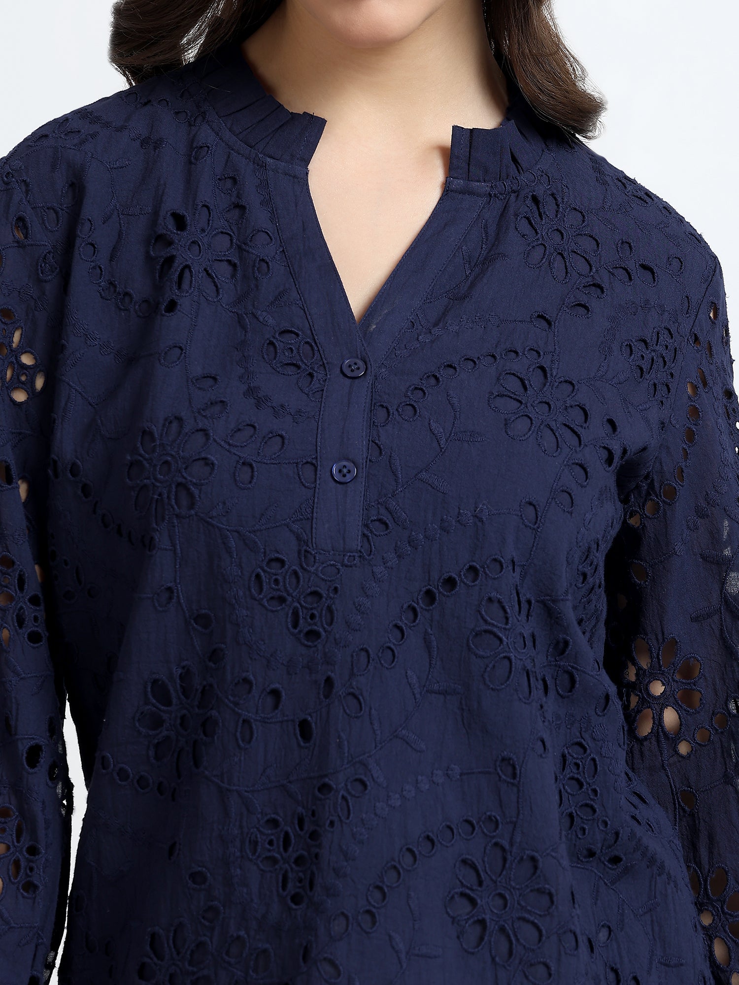 Women Navy Blue Schiffli Embroidery Notch Neck Top