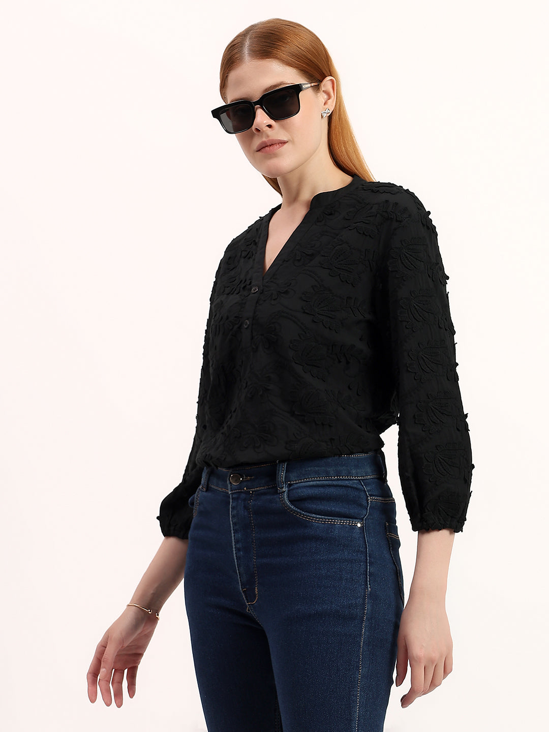 Black 3D Embroidered V-Neck Elegant Textured 3/4 Sleeve Stylish Top