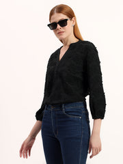 Black 3D Embroidered V-Neck Elegant Textured 3/4 Sleeve Stylish Top