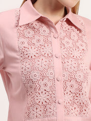 Blush Pink Lace Panel Elegant Button-Down Embroidered Full Sleeve Shirt