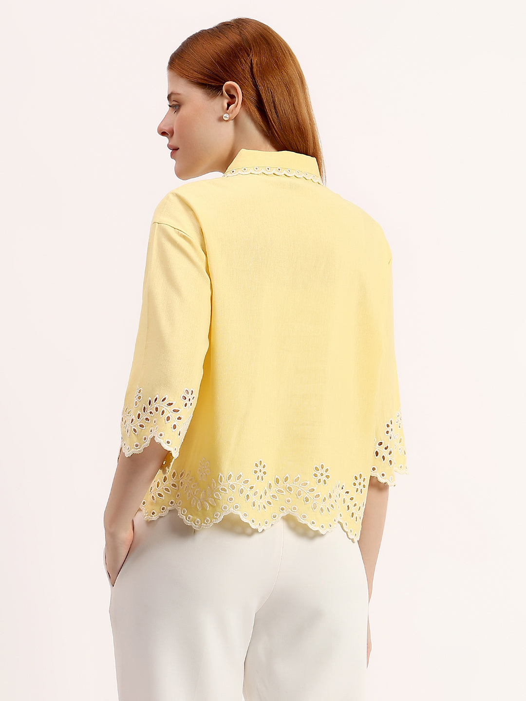 Light Yellow Embroidered Scalloped Hem Button-Down Linen Shirt