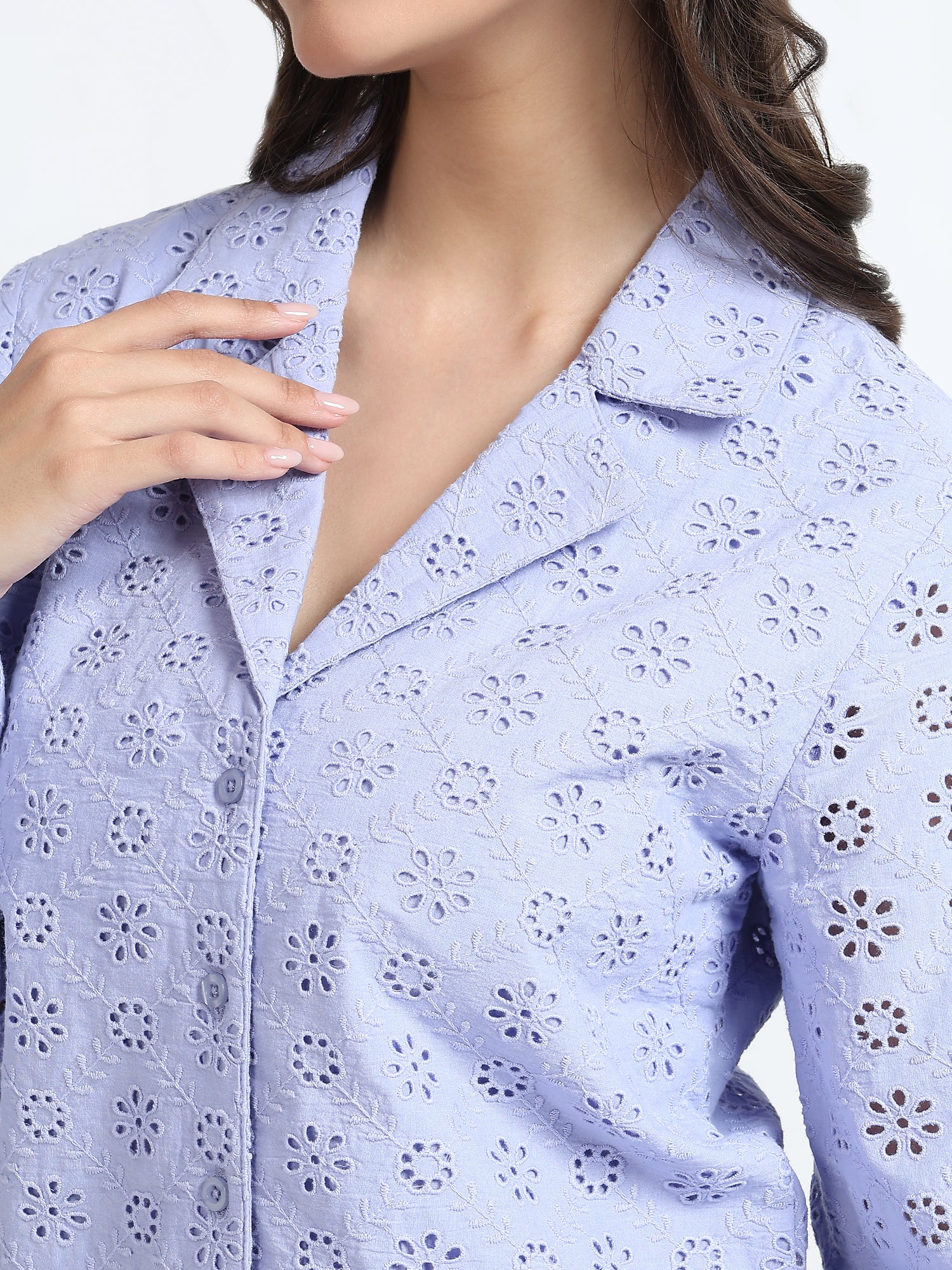 Women Lavender Schiffli Embroidery Full Sleeve Shirt
