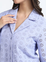 Women Lavender Schiffli Embroidery Full Sleeve Shirt