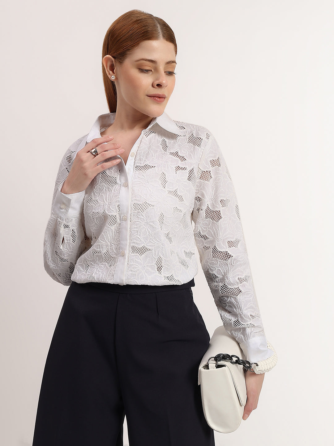 White Floral Lace 3D Embroidered Elegant Button-Down Full Sleeve Shirt