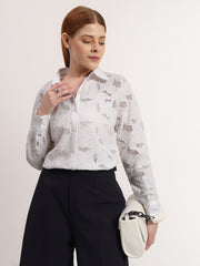 White Floral Lace 3D Embroidered Elegant Button-Down Full Sleeve Shirt