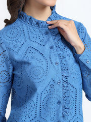 Women Blue Schiffli Embroidery Ruffle Neck Shirt