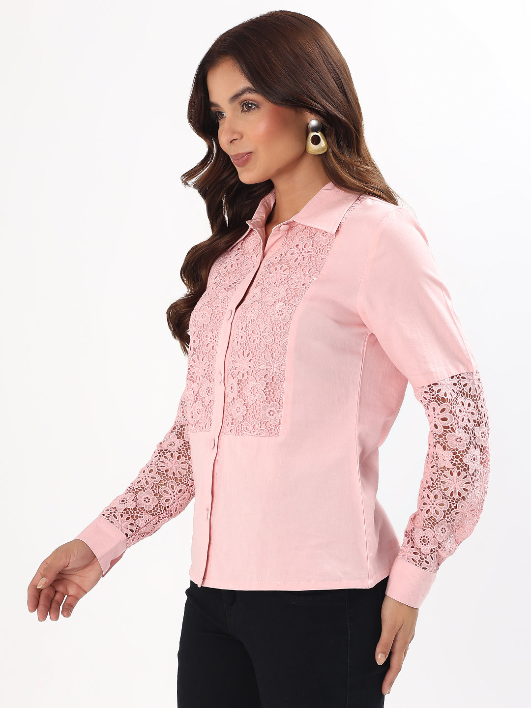 Pink Schiffli Lace Yoke Embroidered Cotton Silk Shirt