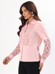 Pink Schiffli Lace Yoke Embroidered Cotton Silk Shirt