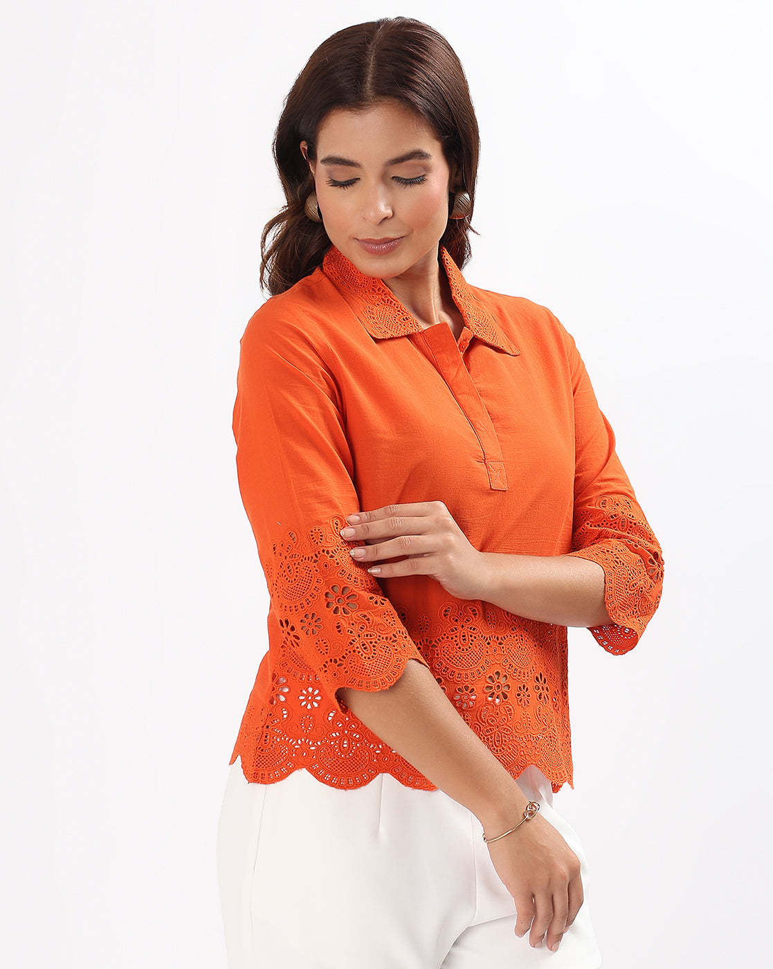 Tangy Orange Schiffli Embroidered Cotton Top