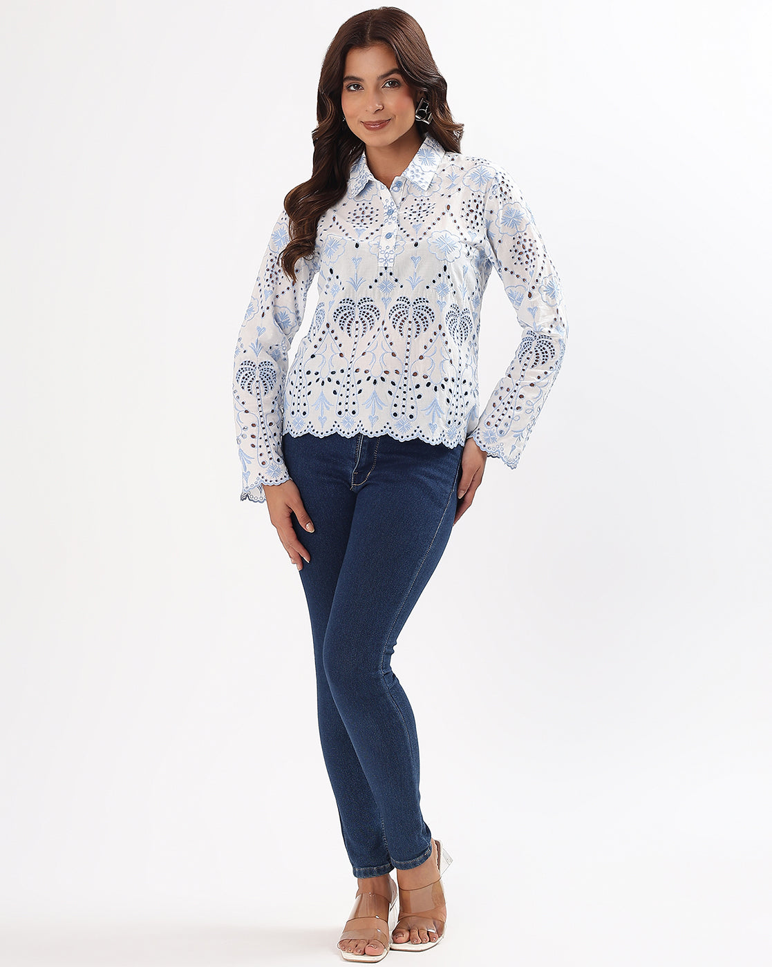 White & Blue Schiffli Embroidered Cotton Top