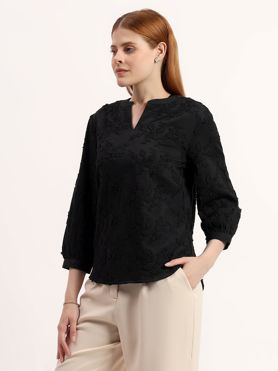 Floral Black 3D Embroidered Elegant Notch V-Neck 3/4 Sleeve Top