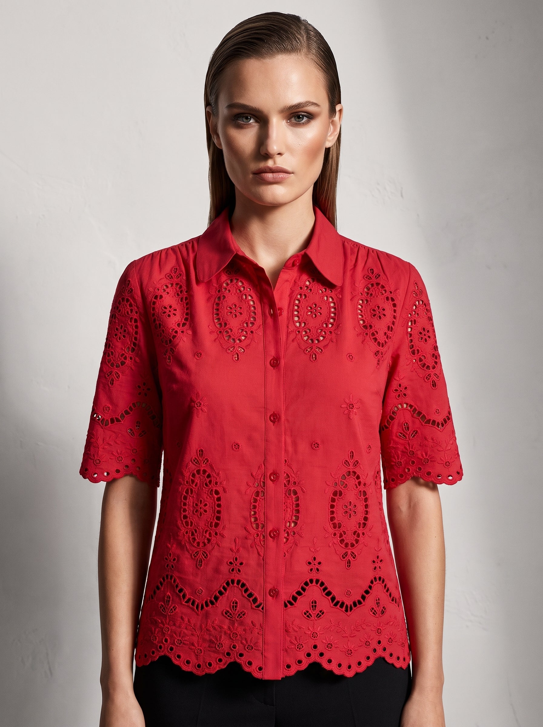 Women's Red Schifley Embroidered Cotton Half Sleeve Shirt