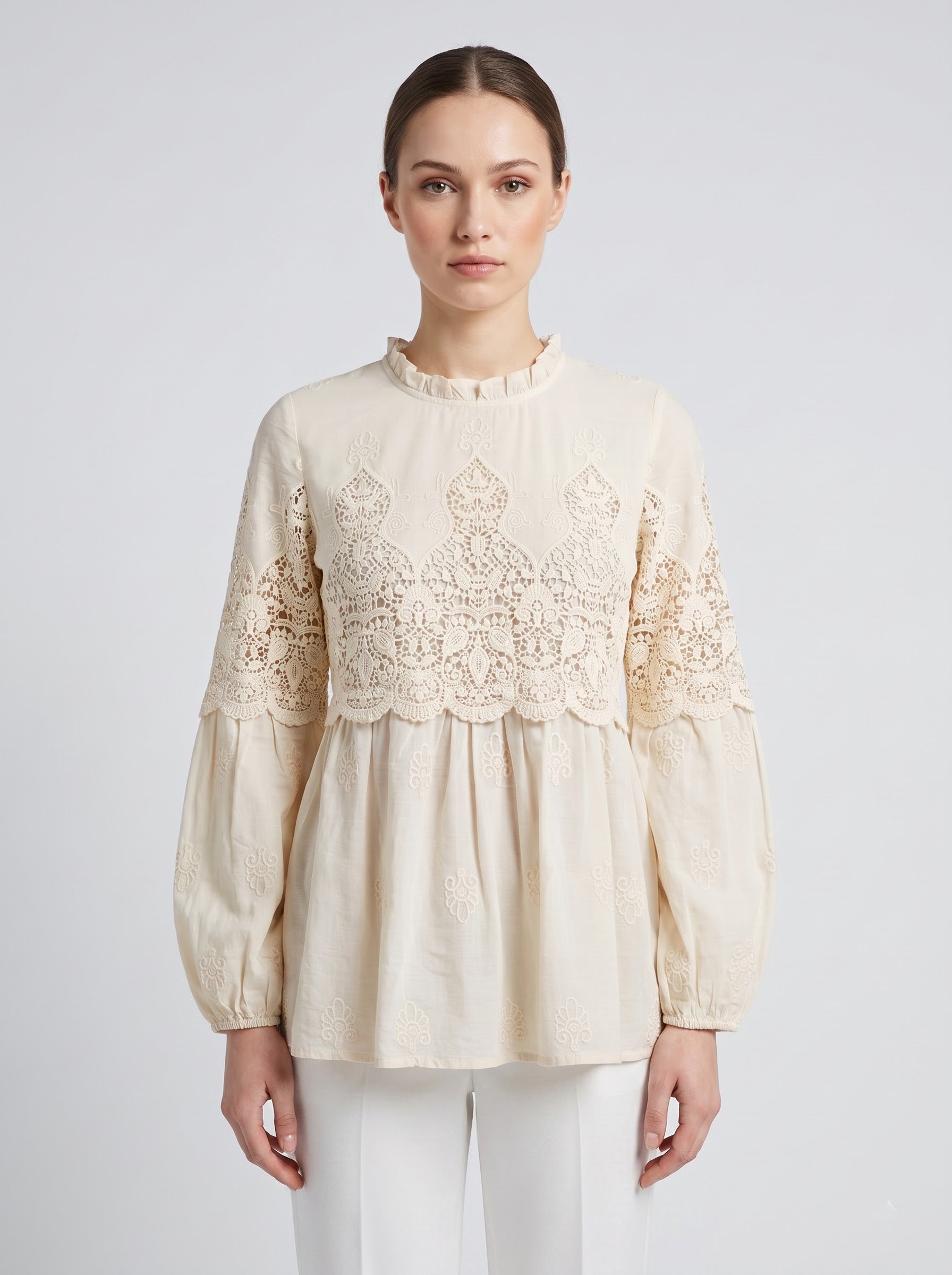Women Cream Embroidered High Neck Regular Fit Top
