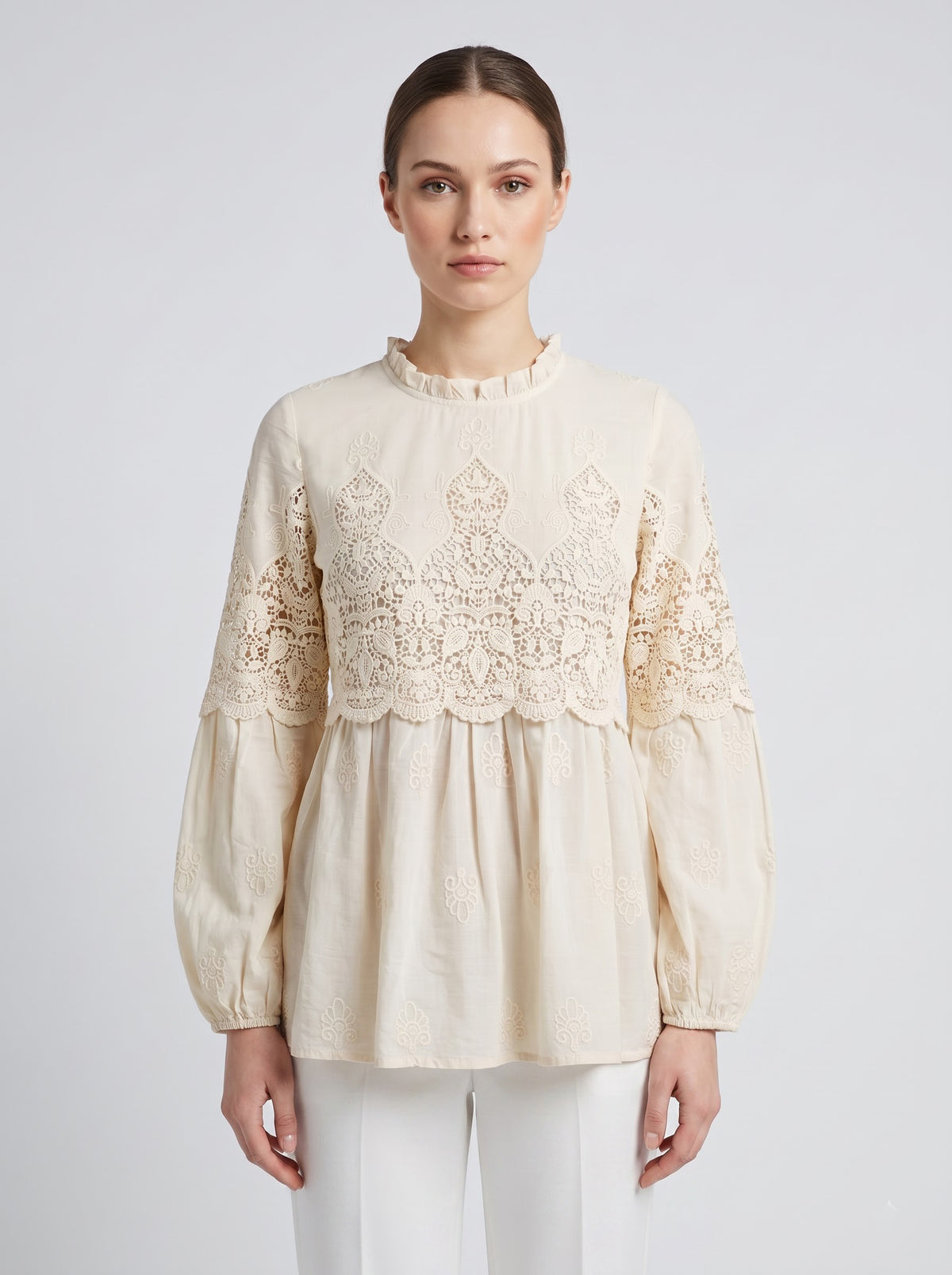 Women Cream Embroidered High Neck Regular Fit Top