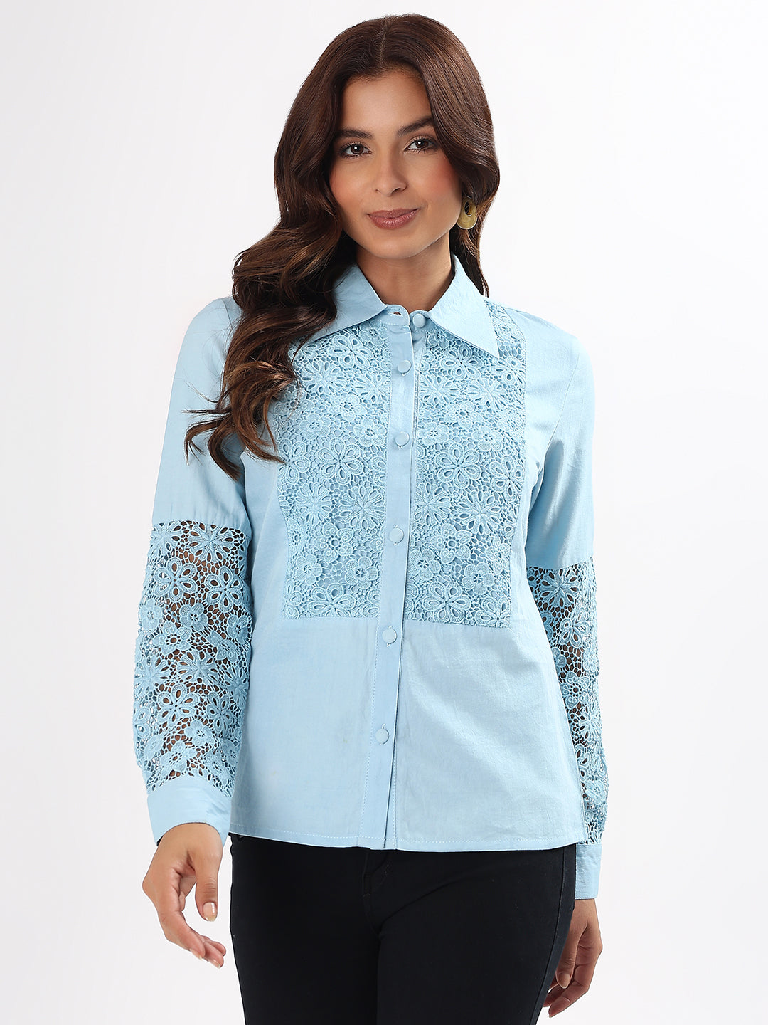 Baby Blue Lace Yoke Embroidered Cotton Silk Shirt