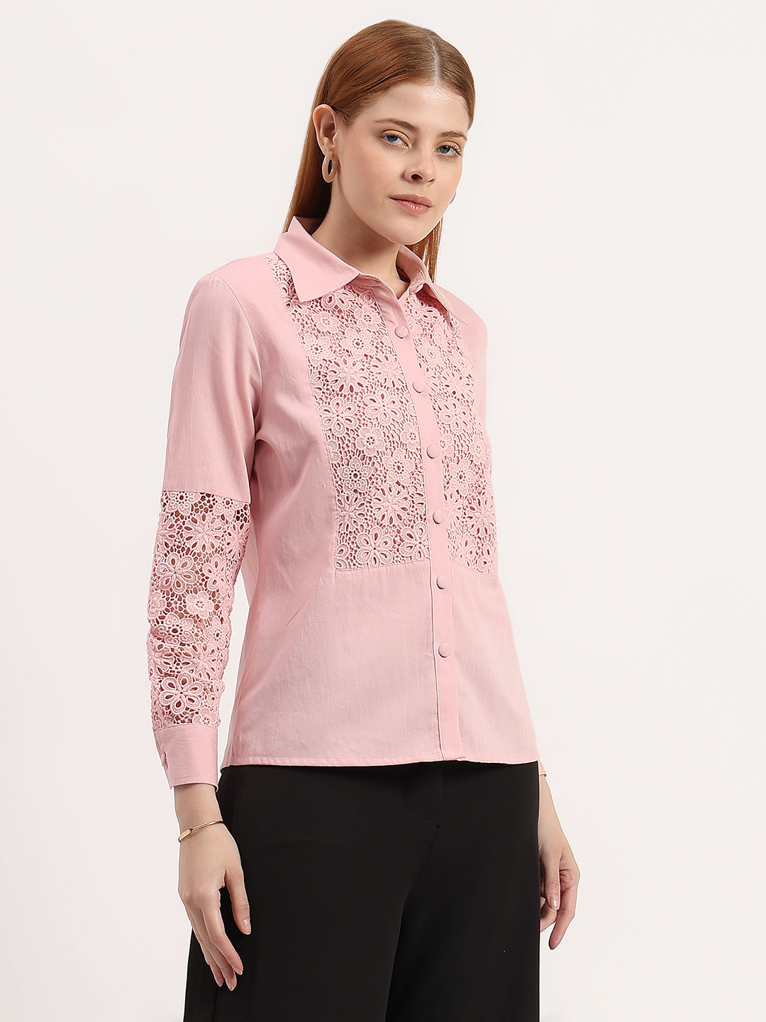 Blush Pink Lace Panel Elegant Button-Down Embroidered Full Sleeve Shirt