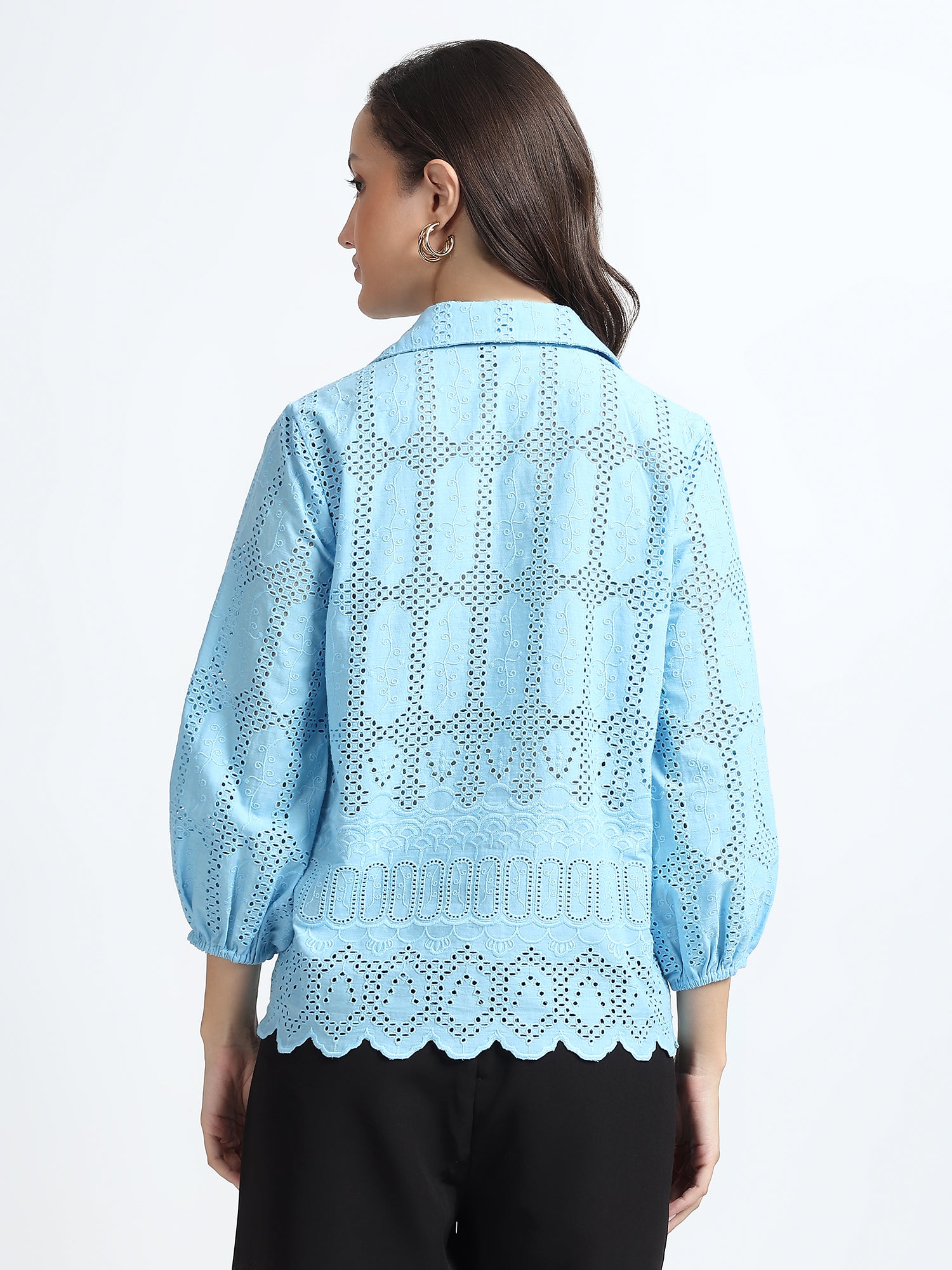 Women Sky Blue Schiffli Embroidery Balloon Sleeve Shirt