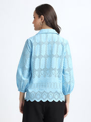 Women Sky Blue Schiffli Embroidery Balloon Sleeve Shirt
