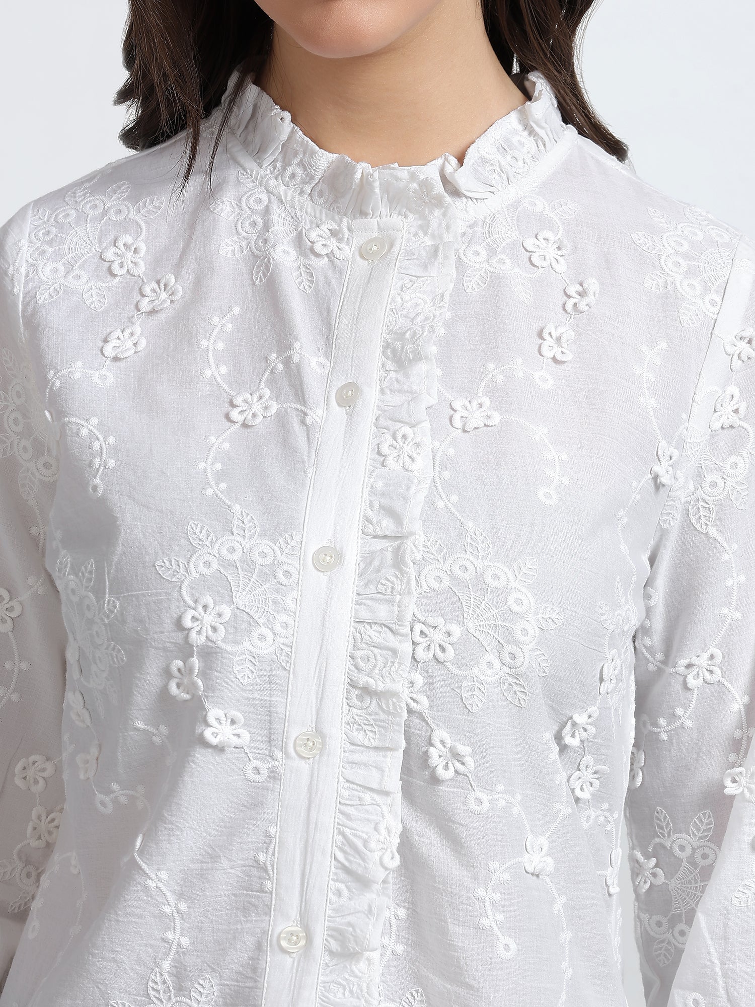 Women White Floral Embroidered Ruffle Neck Shirt
