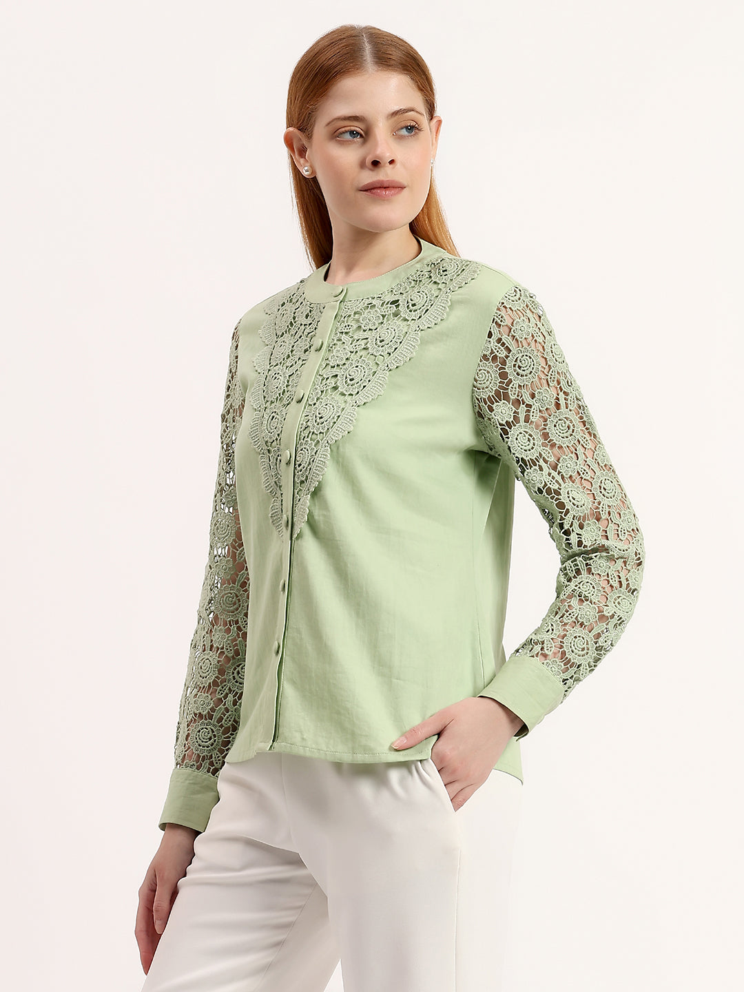 Green Embroidery Panel Elegant Button-Down Full Sleeve Shirt