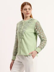 Green Embroidery Panel Elegant Button-Down Full Sleeve Shirt