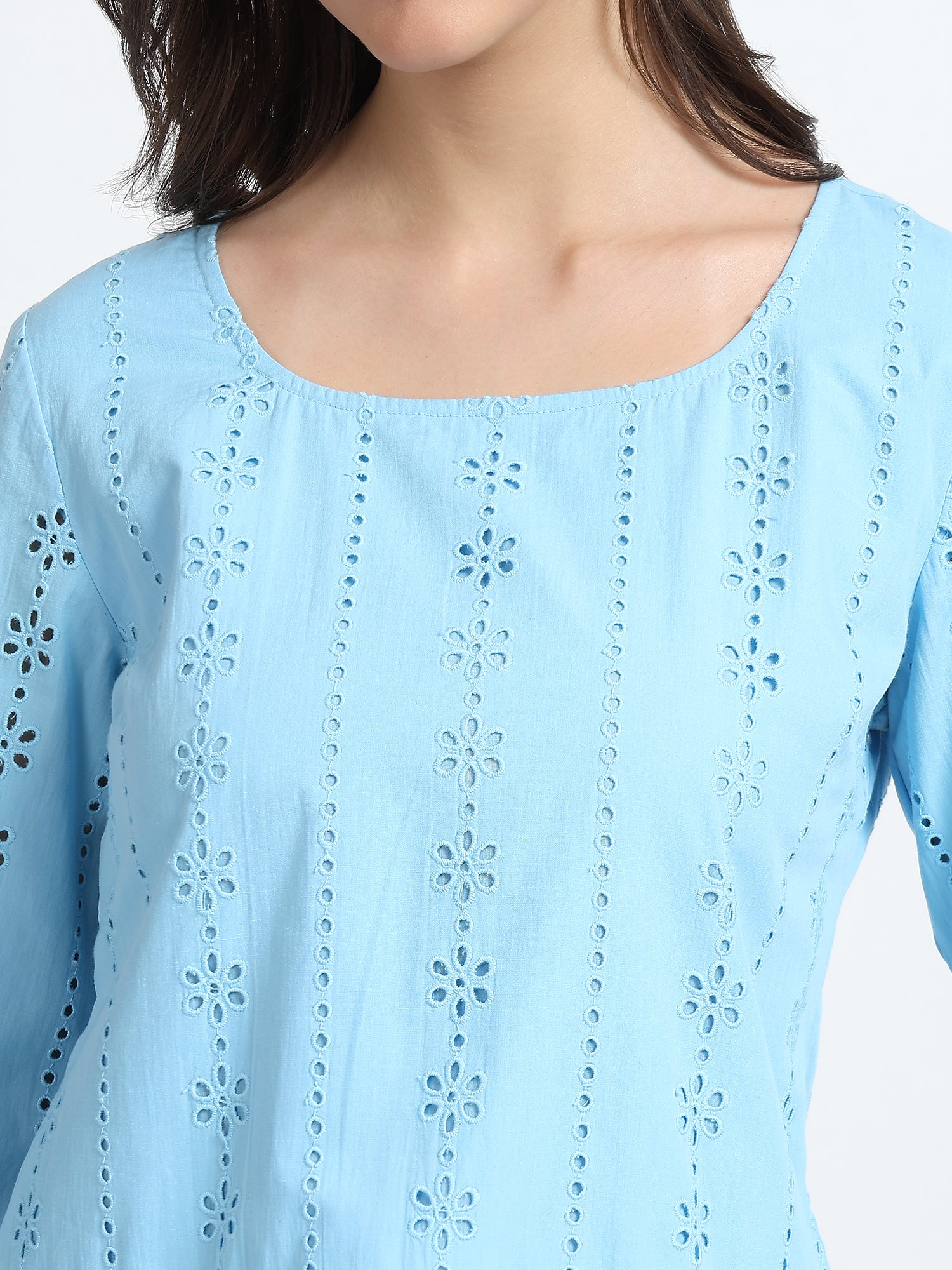 Women Sky Blue Schiffli Embroidery Peplum Top