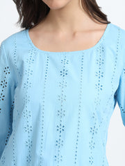 Women Sky Blue Schiffli Embroidery Peplum Top