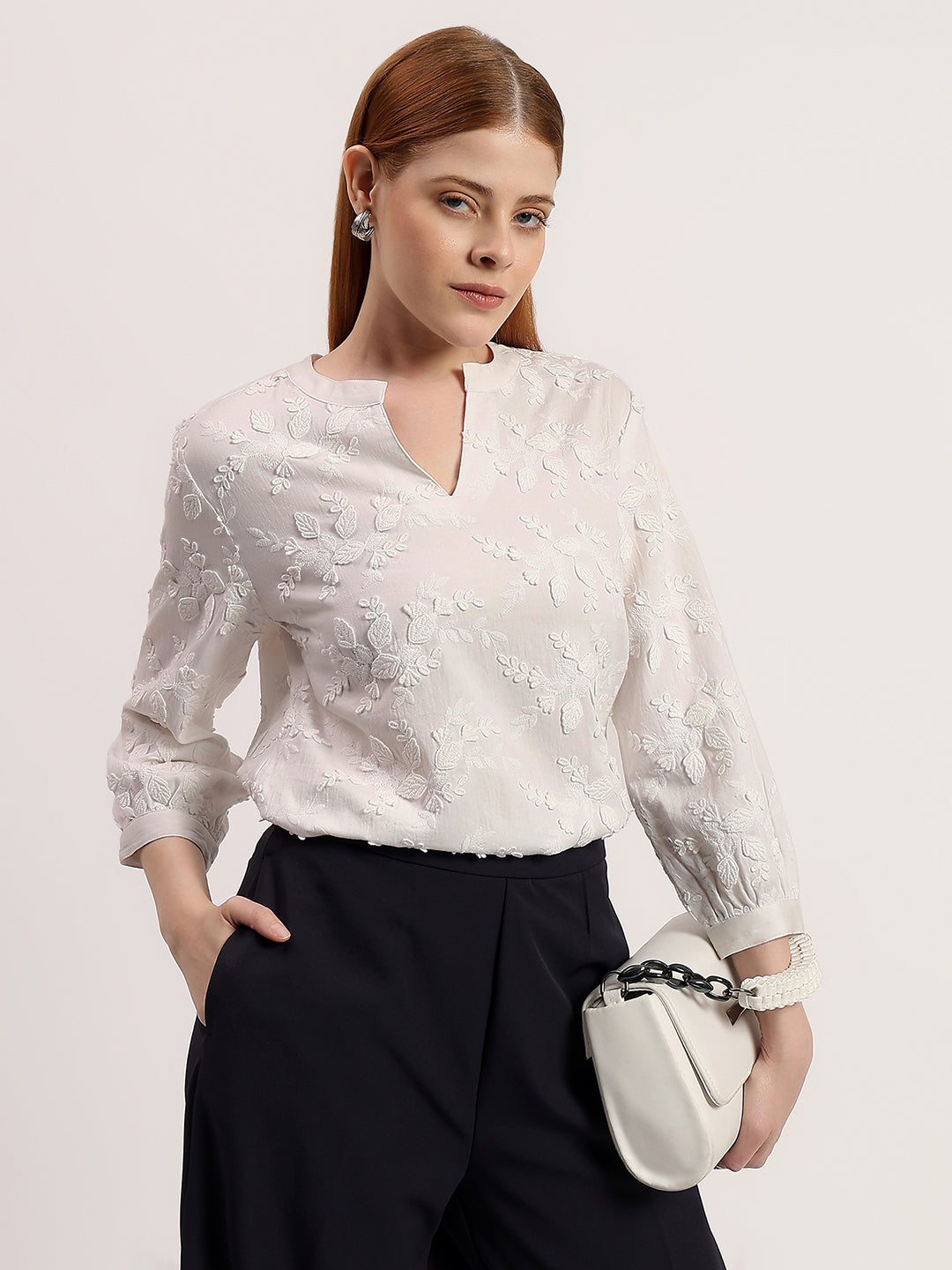 White Floral 3D Embroidered Elegant 3/4 Sleeve Top