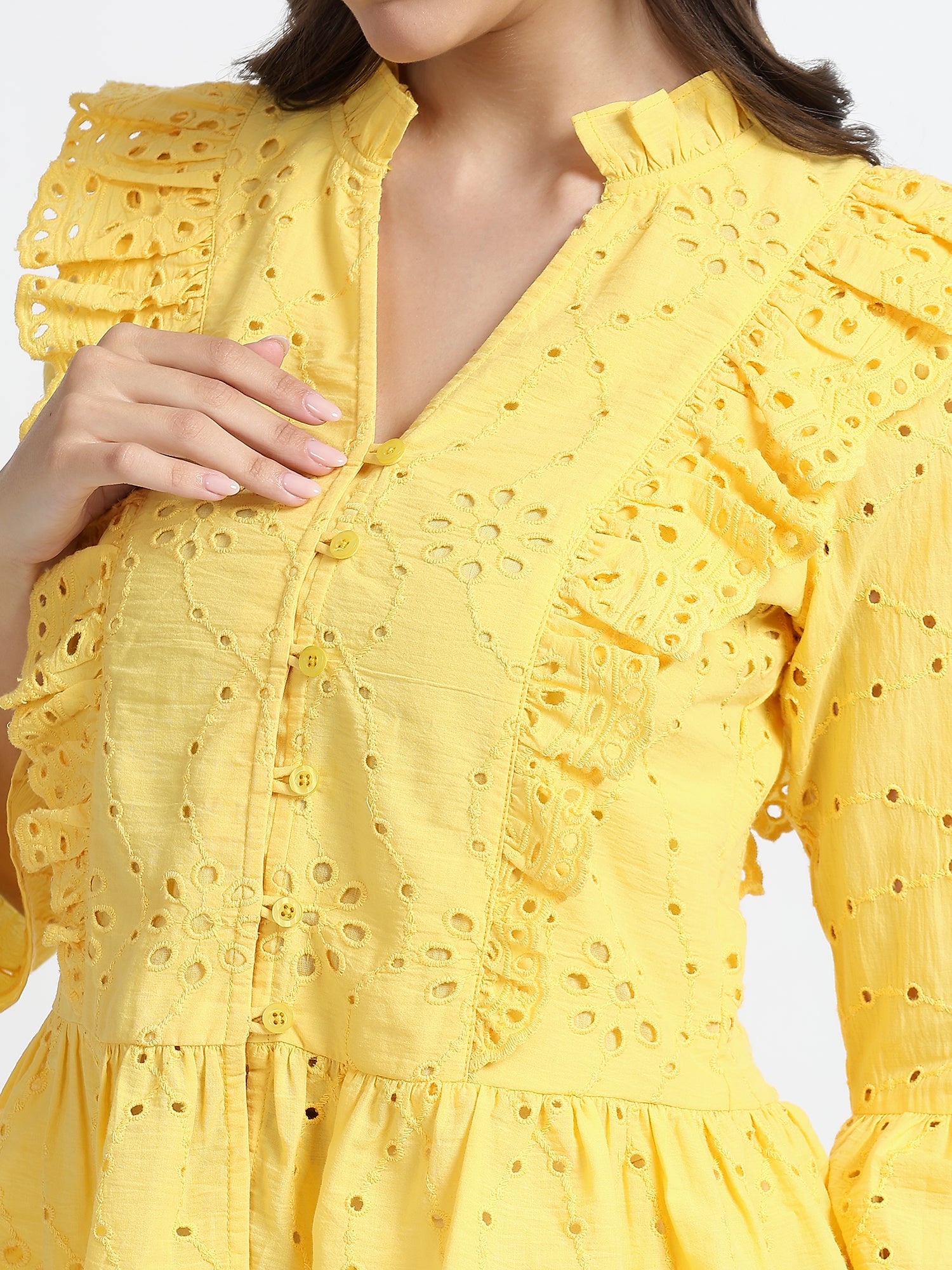 Women Yellow Schiffli Embroidery Peplum Top